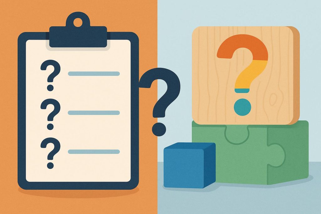Colorful blocks and sales strategy icons illustrating parallels in learning and sales methodologies