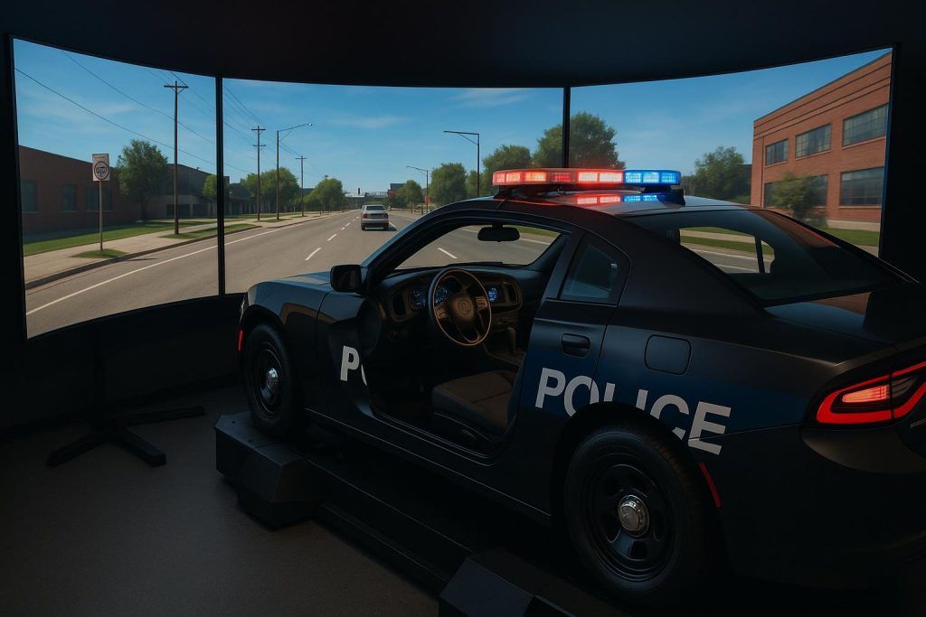 Police officers training with advanced driving simulators to improve law enforcement skills