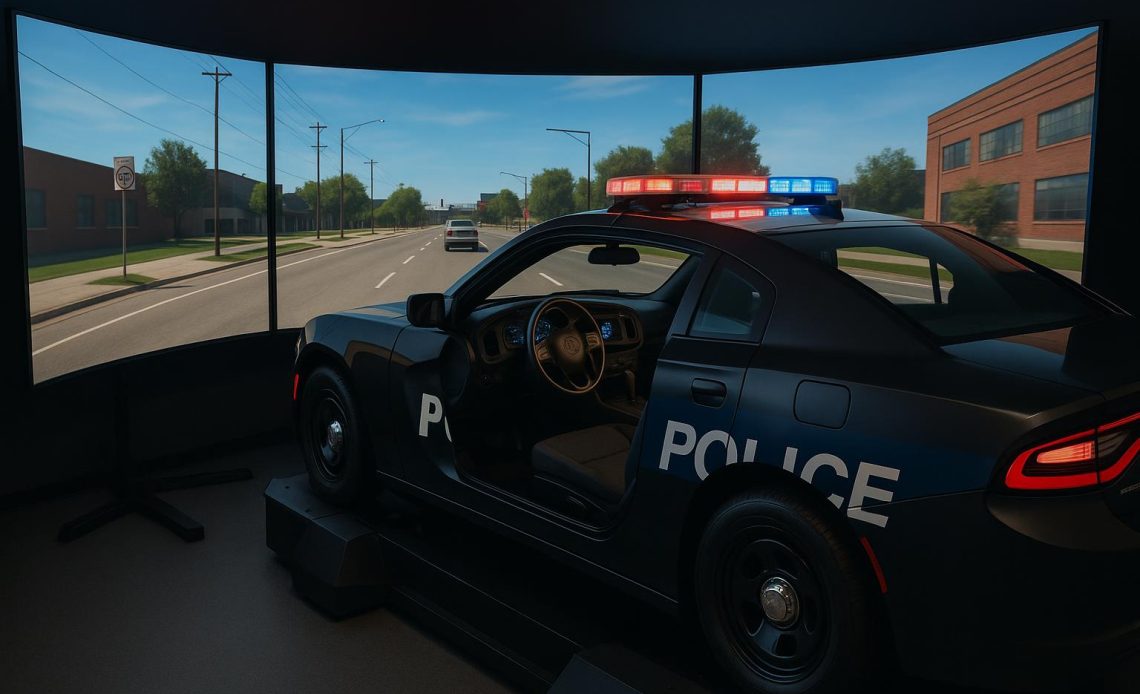 Police officers training with advanced driving simulators to improve law enforcement skills