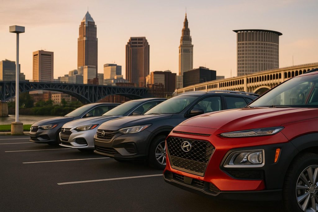 New car dealership lot with various vehicles for sale in Cleveland, Ohio