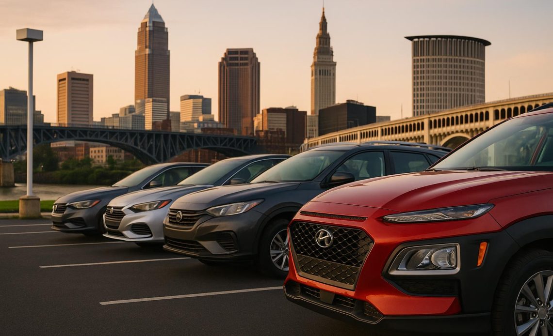 New car dealership lot with various vehicles for sale in Cleveland, Ohio