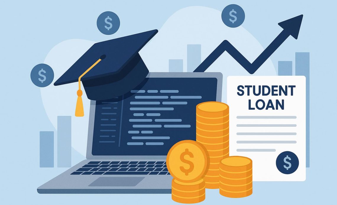 Laptop and graduation cap beside student loan documents and coding symbols for IT career finance