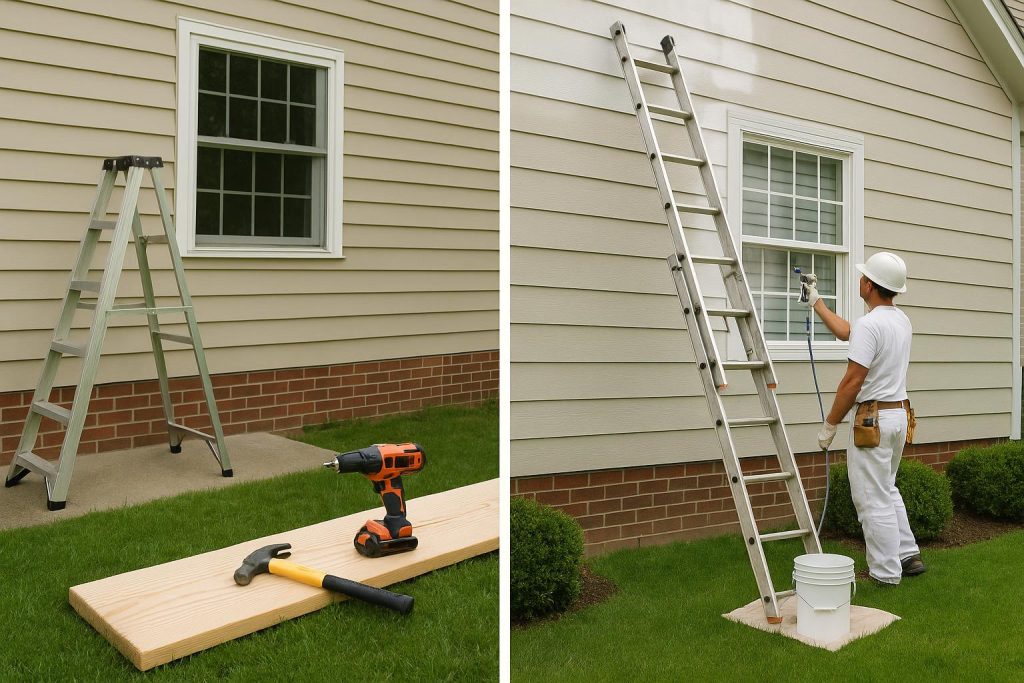 Contrast of DIY tools and professional equipment for exterior home improvement projects