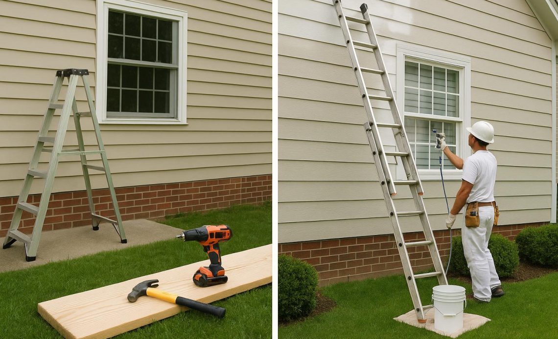 Contrast of DIY tools and professional equipment for exterior home improvement projects