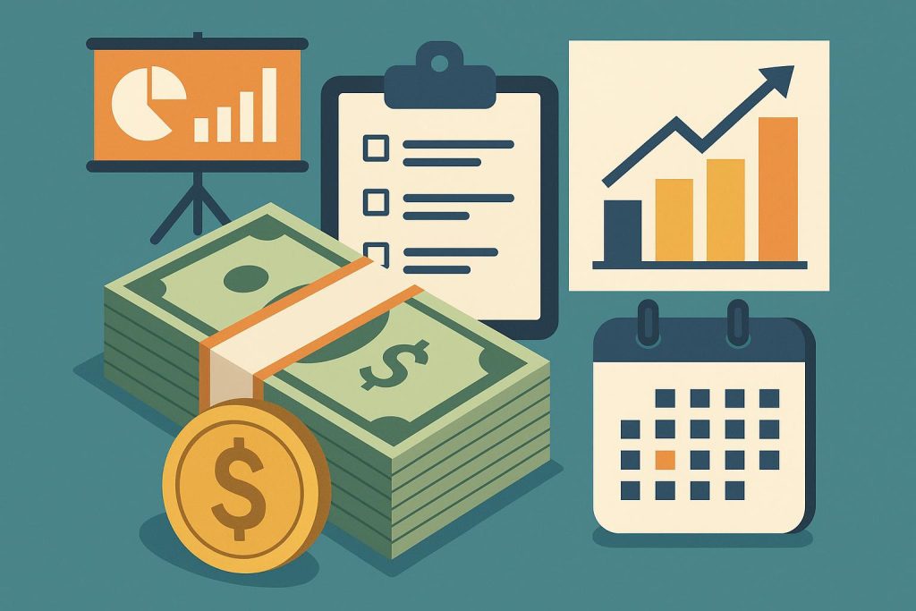 Corporate event budget allocation with graphs, charts, and spending categories in business setting