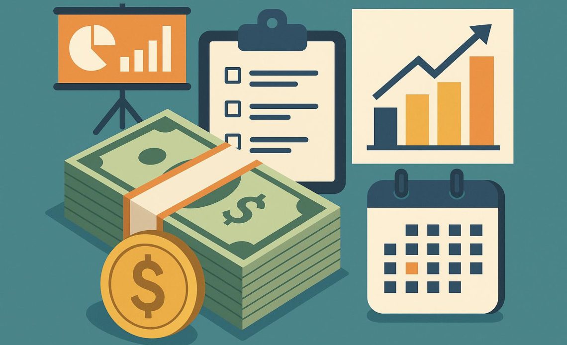 Corporate event budget allocation with graphs, charts, and spending categories in business setting