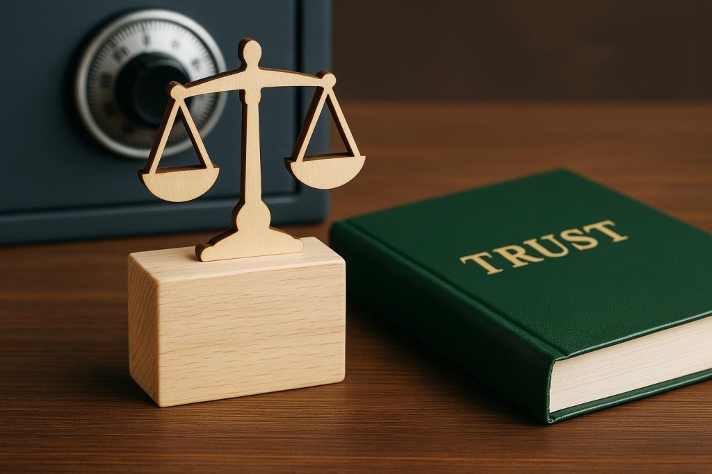 Gavel, legal documents, and trust fund paperwork symbolizing personal injury settlement security