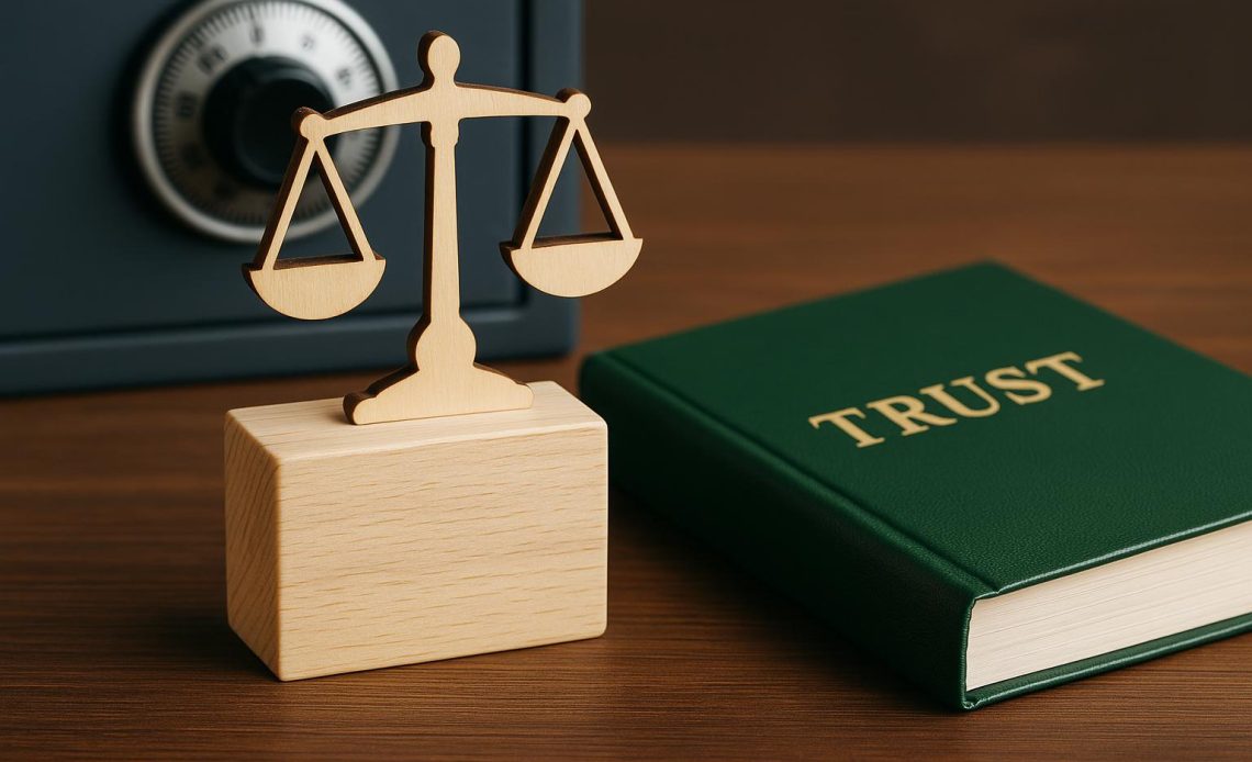 Gavel, legal documents, and trust fund paperwork symbolizing personal injury settlement security