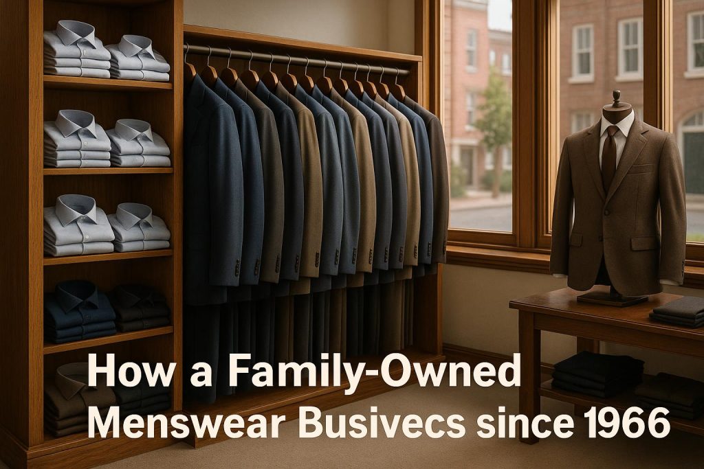 Family-owned menswear store exterior showcasing classic suits and traditional storefront signage