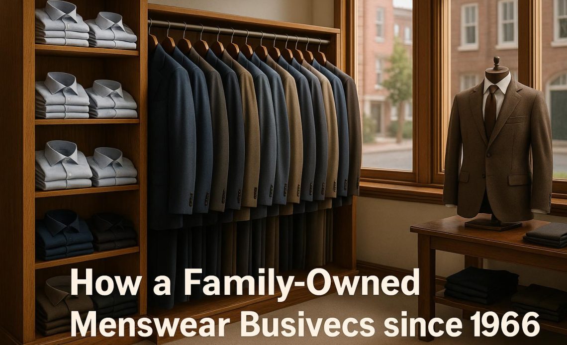 Family-owned menswear store exterior showcasing classic suits and traditional storefront signage