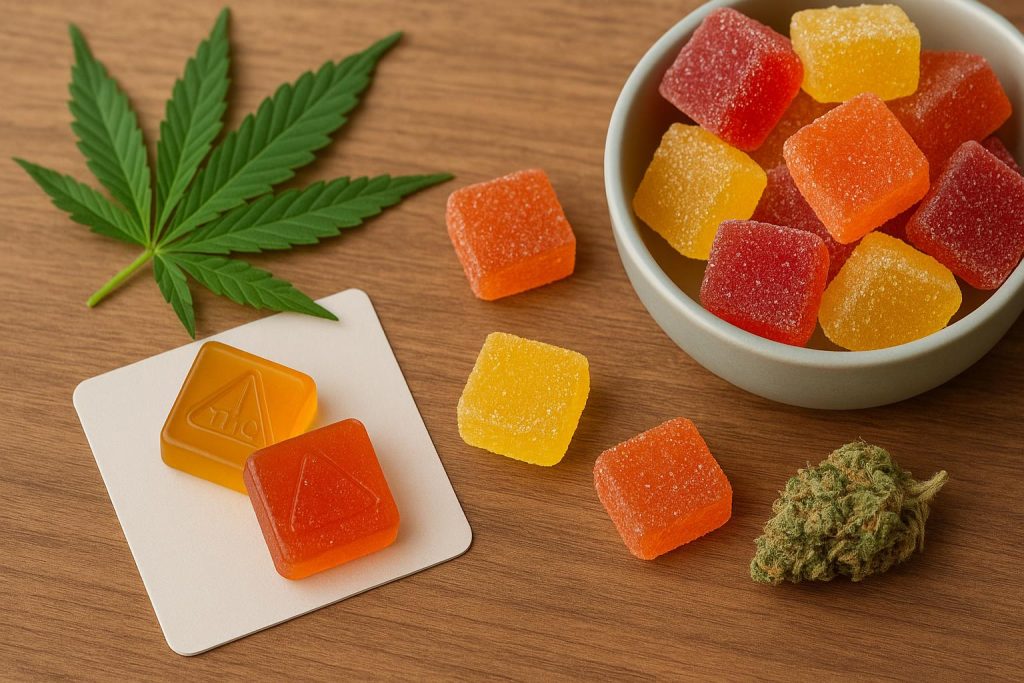 Colorful THC gummies in a jar, highlighting popular choice for first-time cannabinoid users