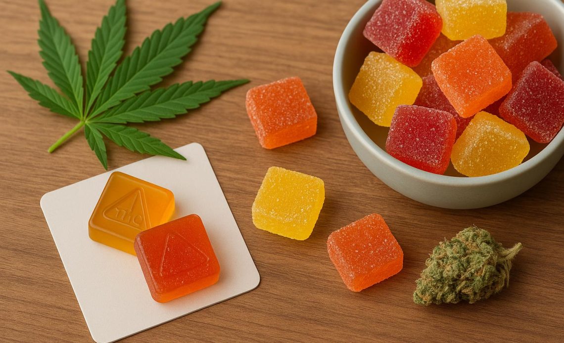 Colorful THC gummies in a jar, highlighting popular choice for first-time cannabinoid users