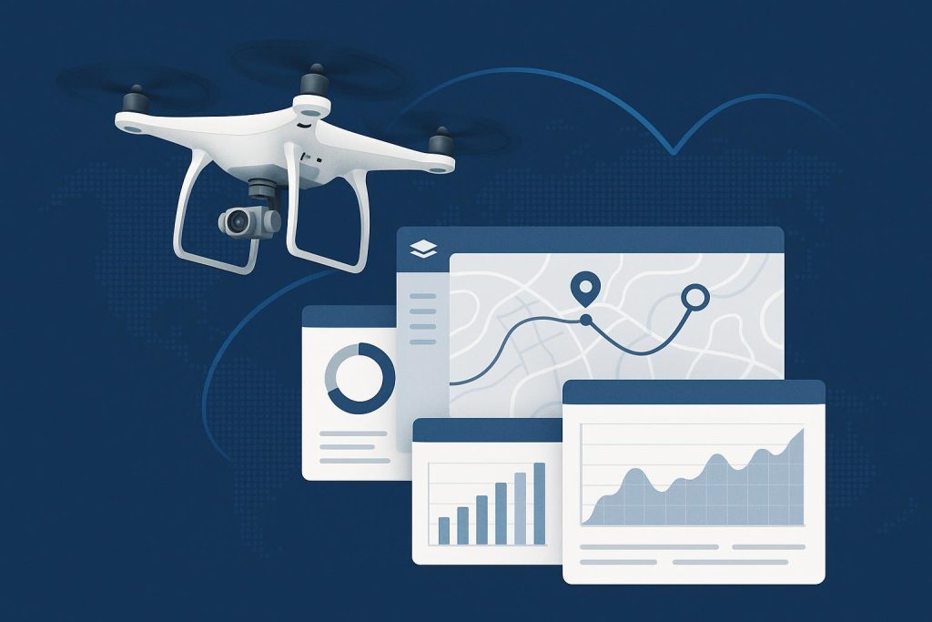 Commercial drone analyzing flight data dashboard for enterprise data management solutions