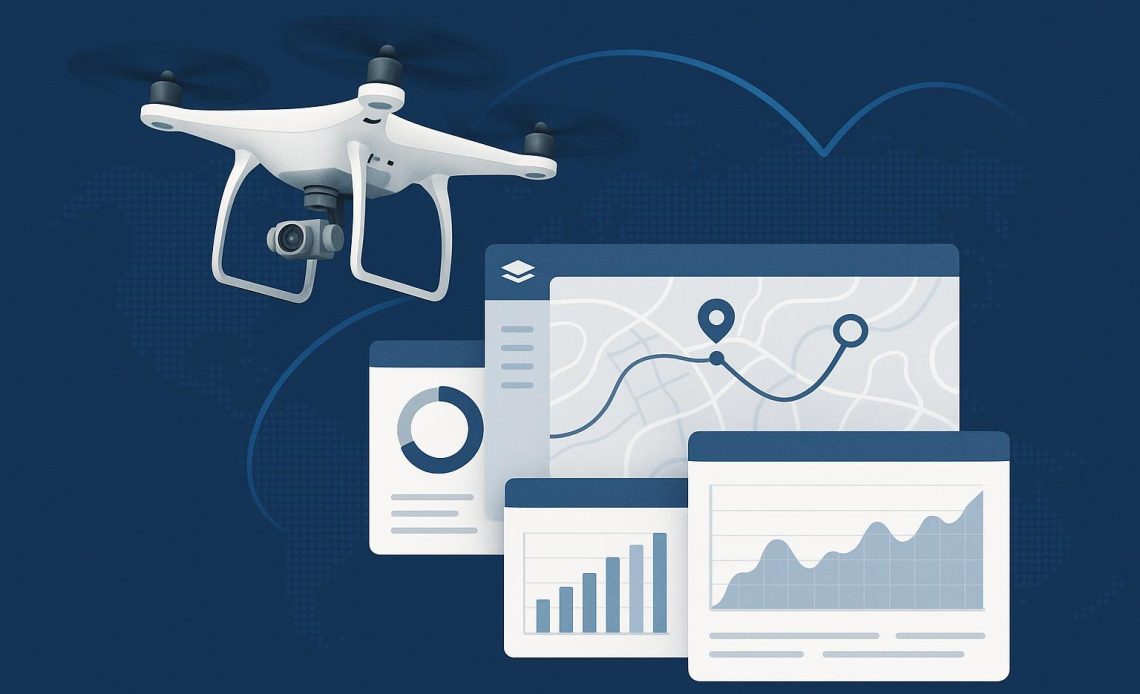 Commercial drone analyzing flight data dashboard for enterprise data management solutions