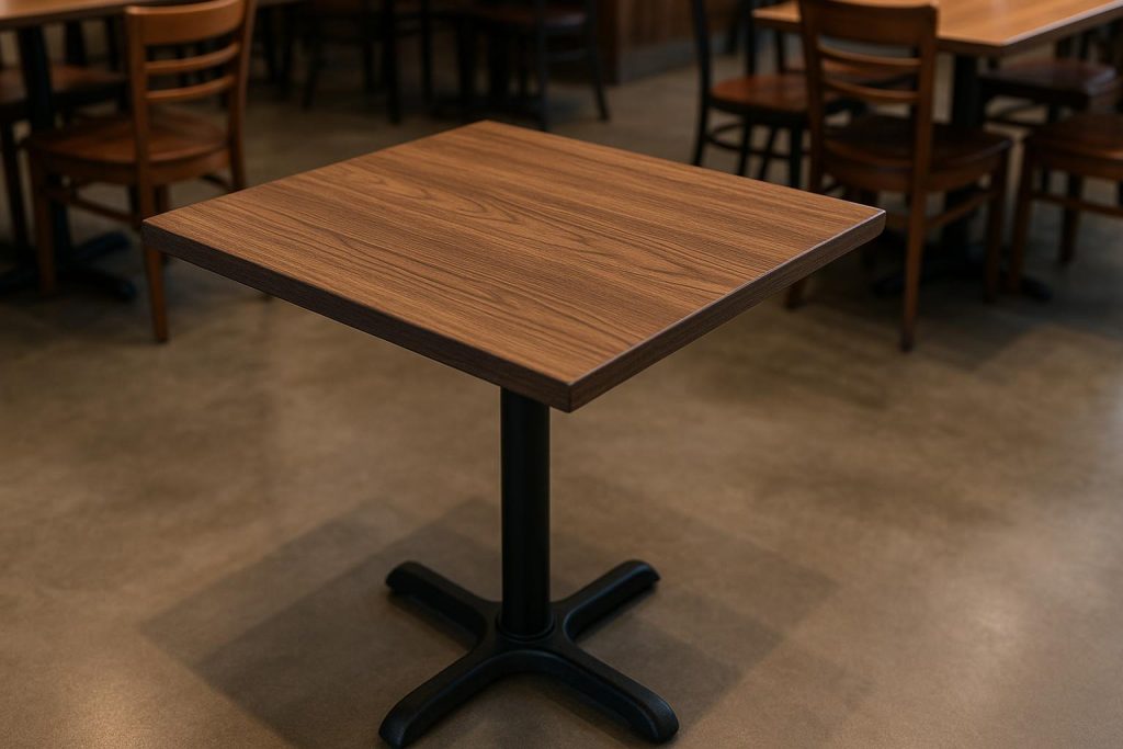 Sturdy restaurant tables with wood and metal finishes displayed in a modern dining area