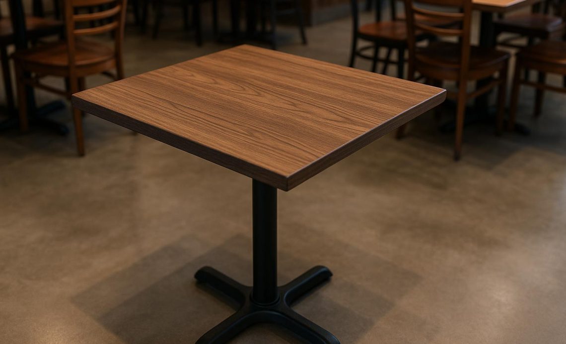 Sturdy restaurant tables with wood and metal finishes displayed in a modern dining area