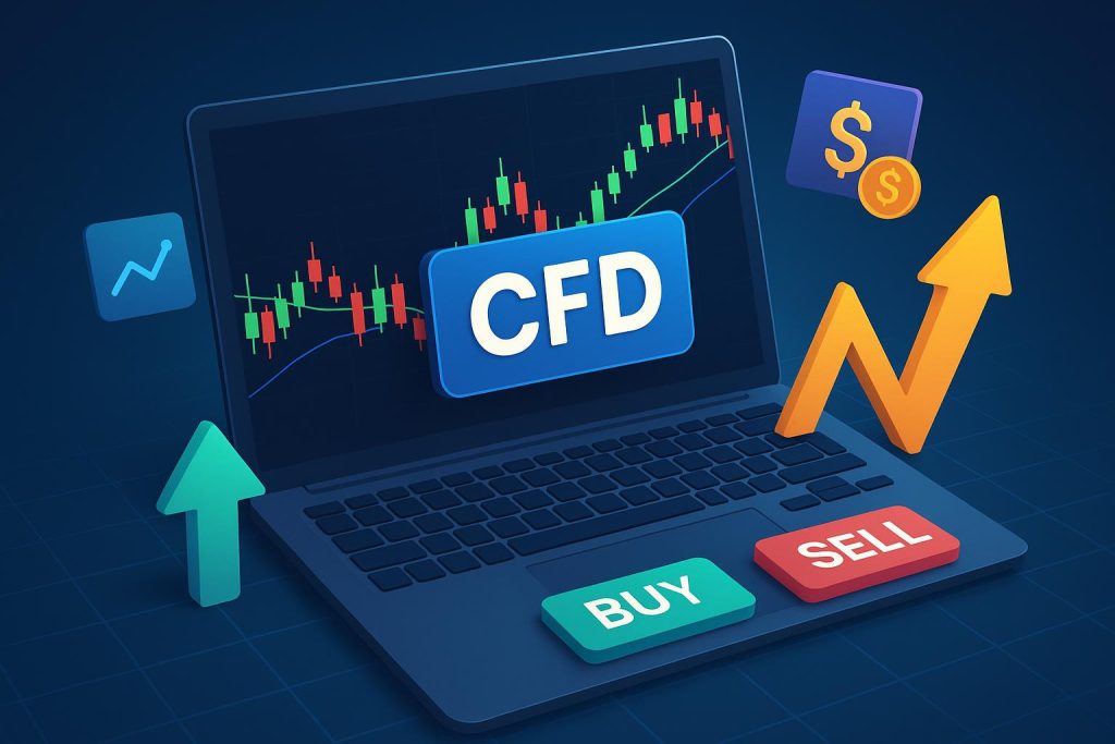 Digital trading dashboard displaying CFD charts and simulated trades for risk-free learning
