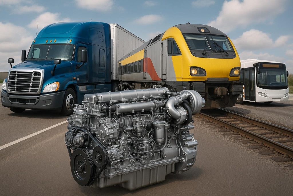 Modern diesel locomotive hauling freight on railway, showcasing diesel power in transportation