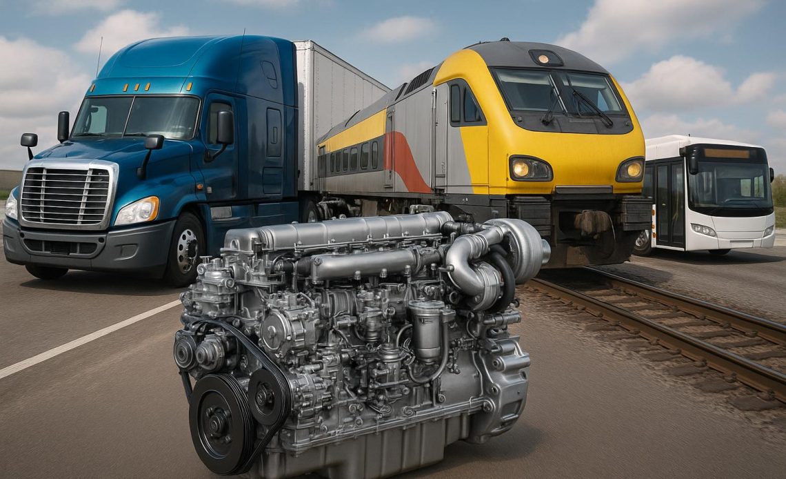 Modern diesel locomotive hauling freight on railway, showcasing diesel power in transportation