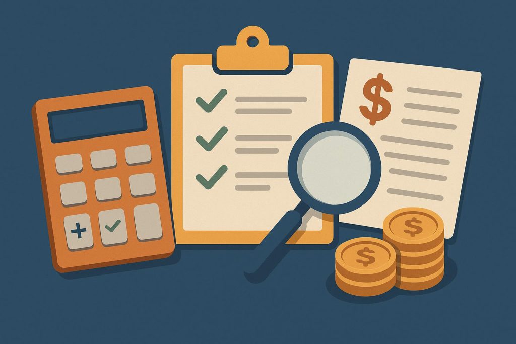 Laptop, calculator, and documents highlighting virtual assistant pricing comparison and analysis
