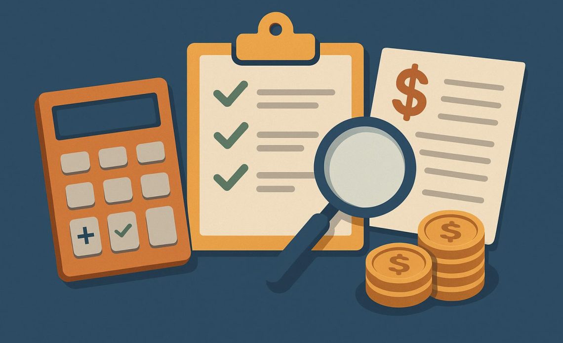 Laptop, calculator, and documents highlighting virtual assistant pricing comparison and analysis