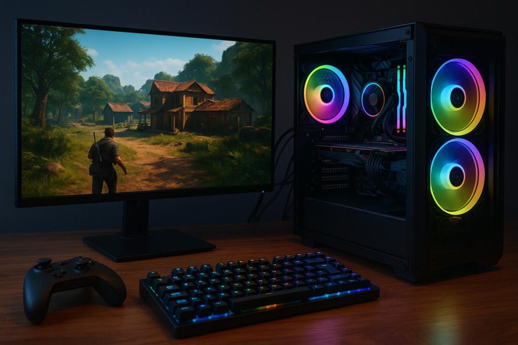 High-performance prebuilt gaming PC setup highlighting top gaming titles and hardware components