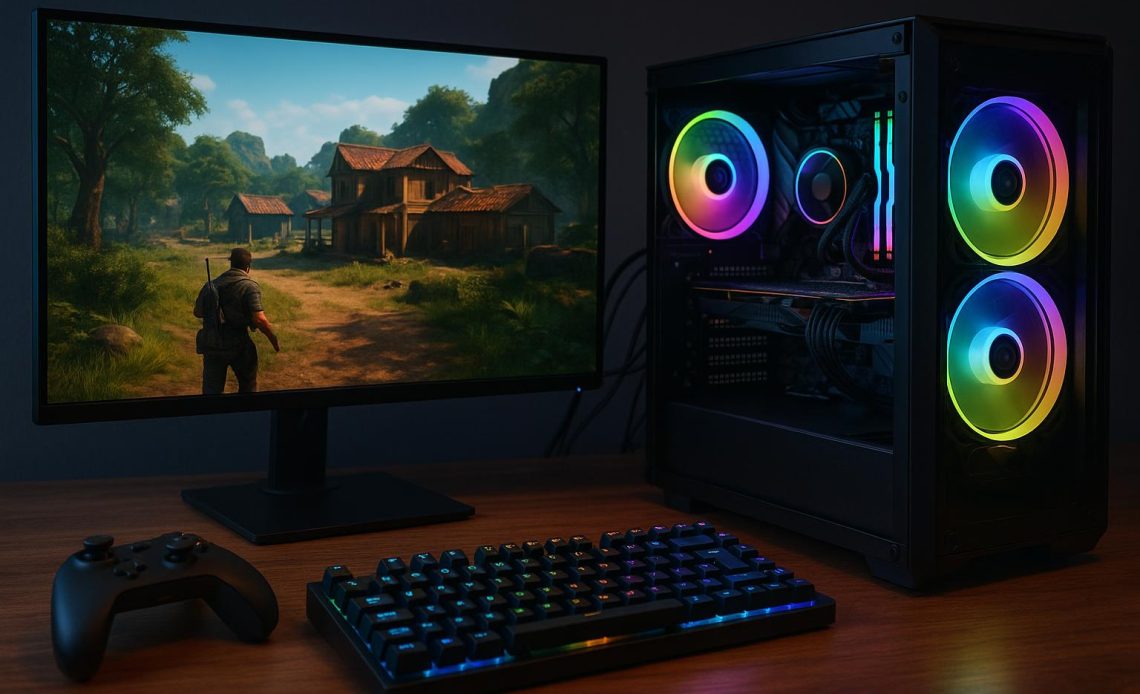 High-performance prebuilt gaming PC setup highlighting top gaming titles and hardware components