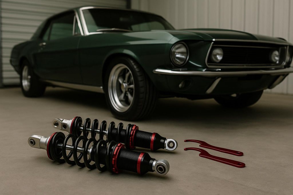 Coilover conversion kit installed on classic car suspension system for improved performance