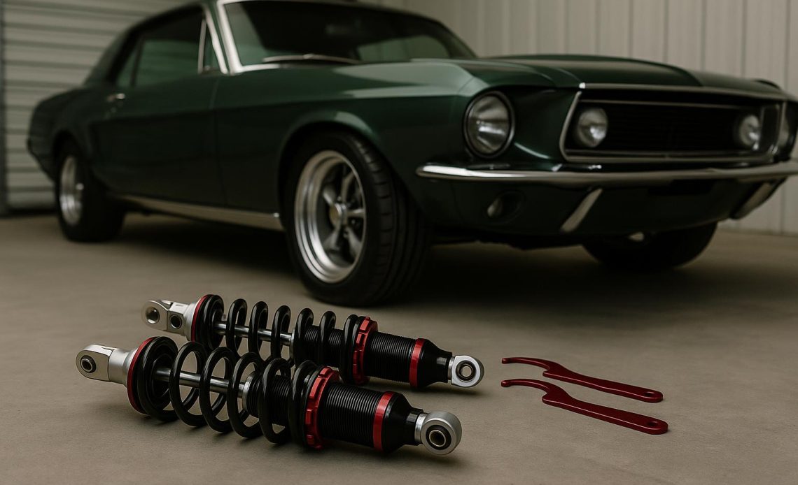 Coilover conversion kit installed on classic car suspension system for improved performance