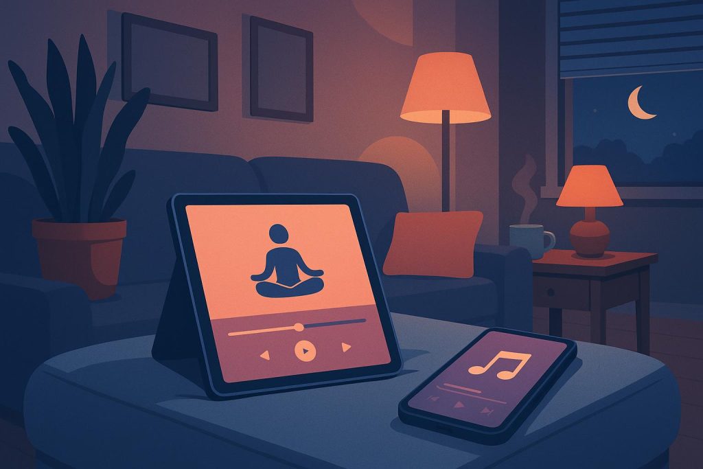 Minimalist living room with ambient lighting and smart devices promoting modern relaxation habits