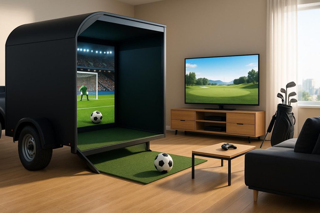 Modern mobile sports simulator setup with interactive screens and realistic virtual gaming controls