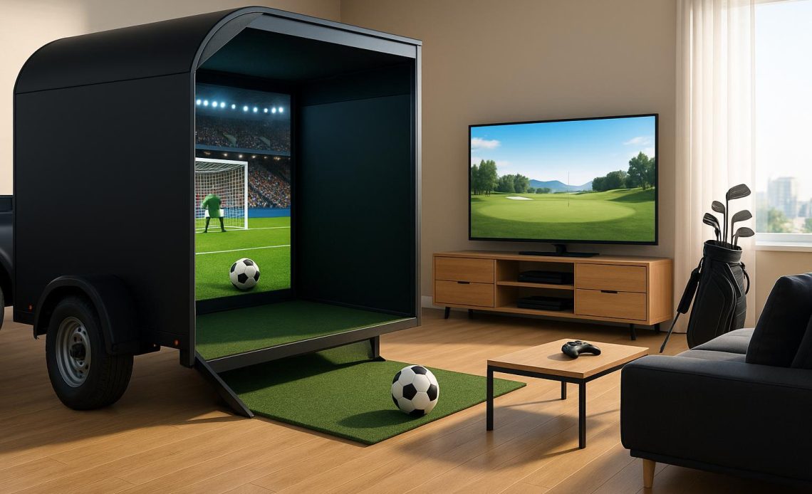 Modern mobile sports simulator setup with interactive screens and realistic virtual gaming controls