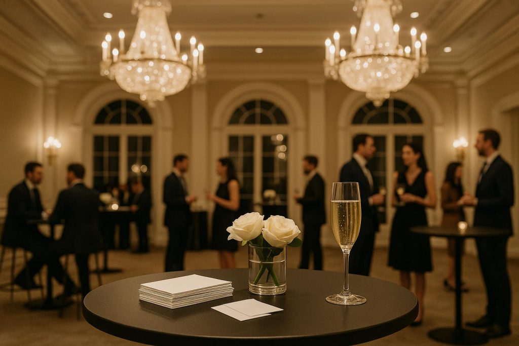 Elegant business networking event with professionals exchanging contacts in a sophisticated venue