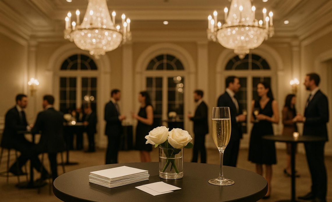 Elegant business networking event with professionals exchanging contacts in a sophisticated venue