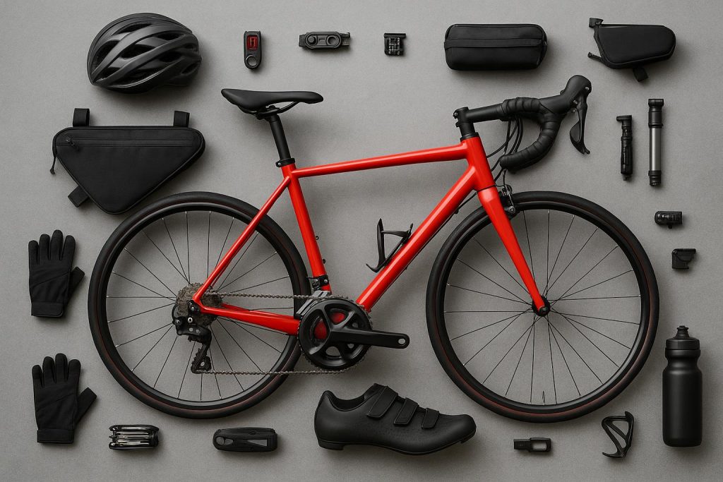 Assorted essential biking gear including helmet, gloves, water bottle, and cycling shoes