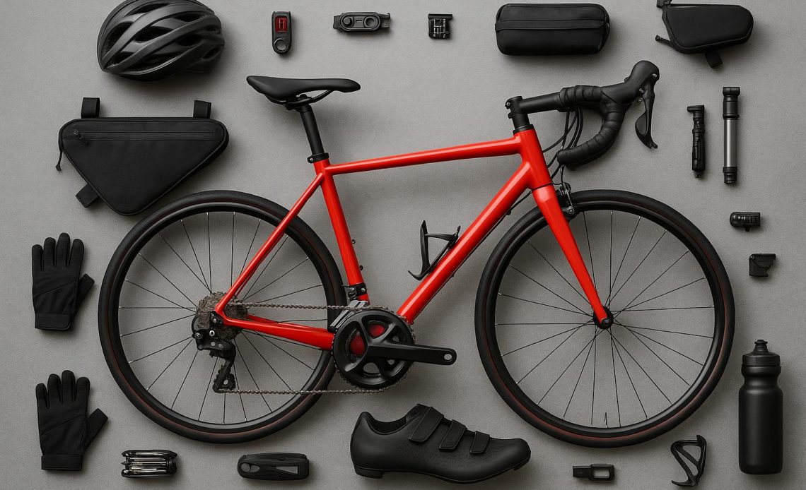 Assorted essential biking gear including helmet, gloves, water bottle, and cycling shoes