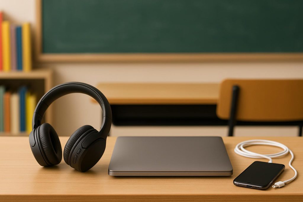 Laptops, headphones, and tablets arranged for back to school tech essentials display