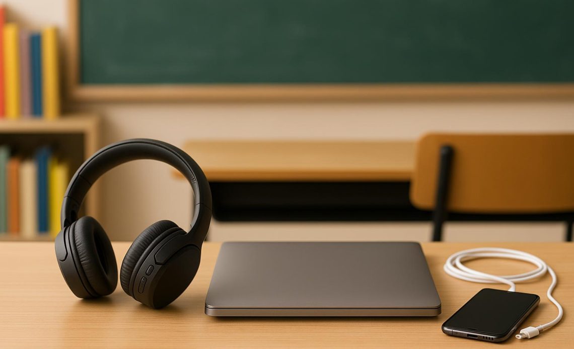 Laptops, headphones, and tablets arranged for back to school tech essentials display