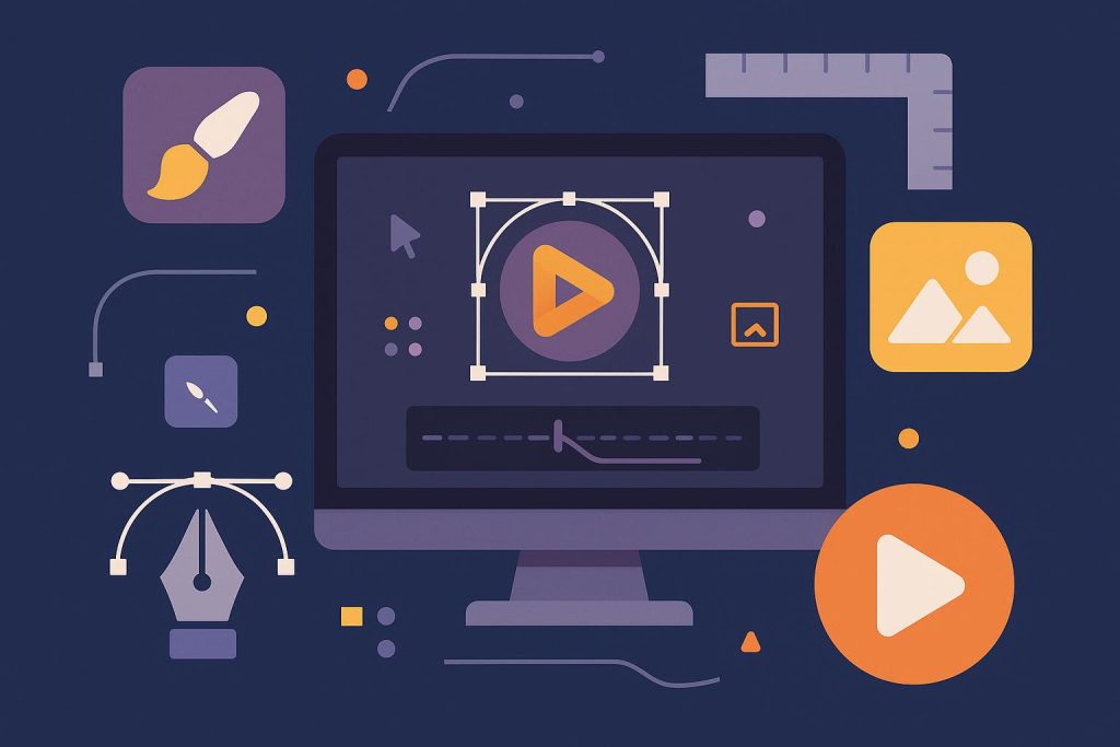 Animated logo design tools interface with icons, showcasing user-friendly branding creation features