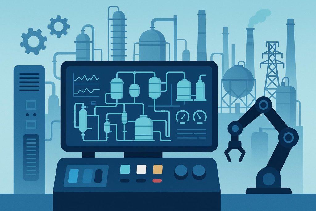 Industrial control panel with automated machinery illustrating advanced plant automation training
