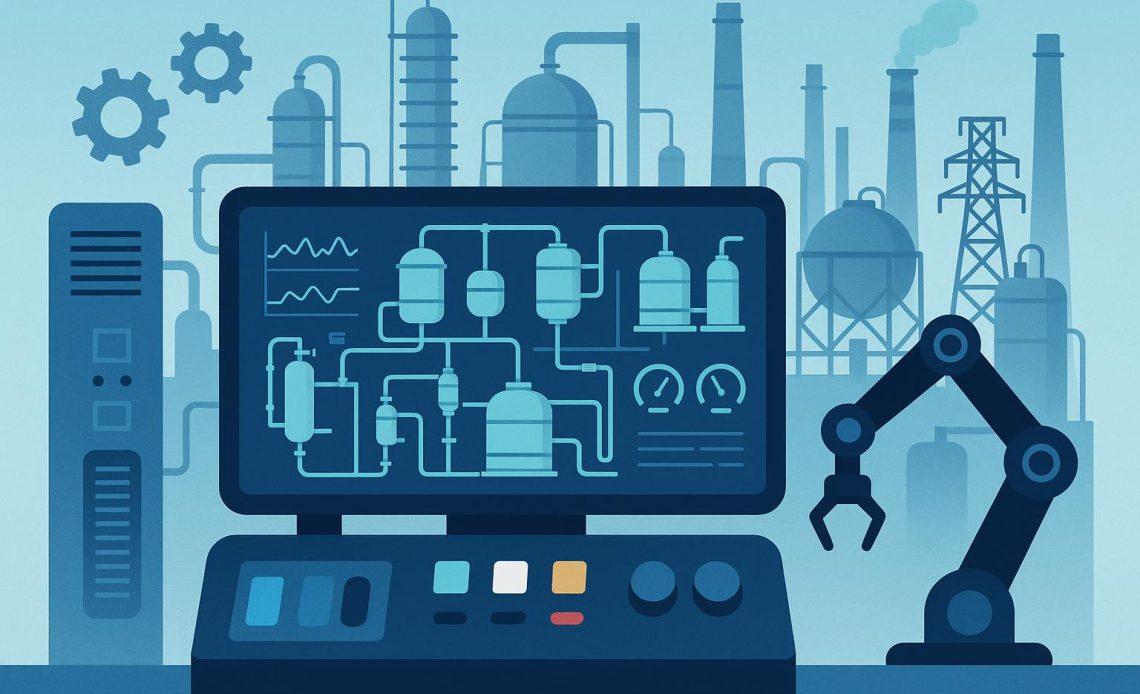 Industrial control panel with automated machinery illustrating advanced plant automation training