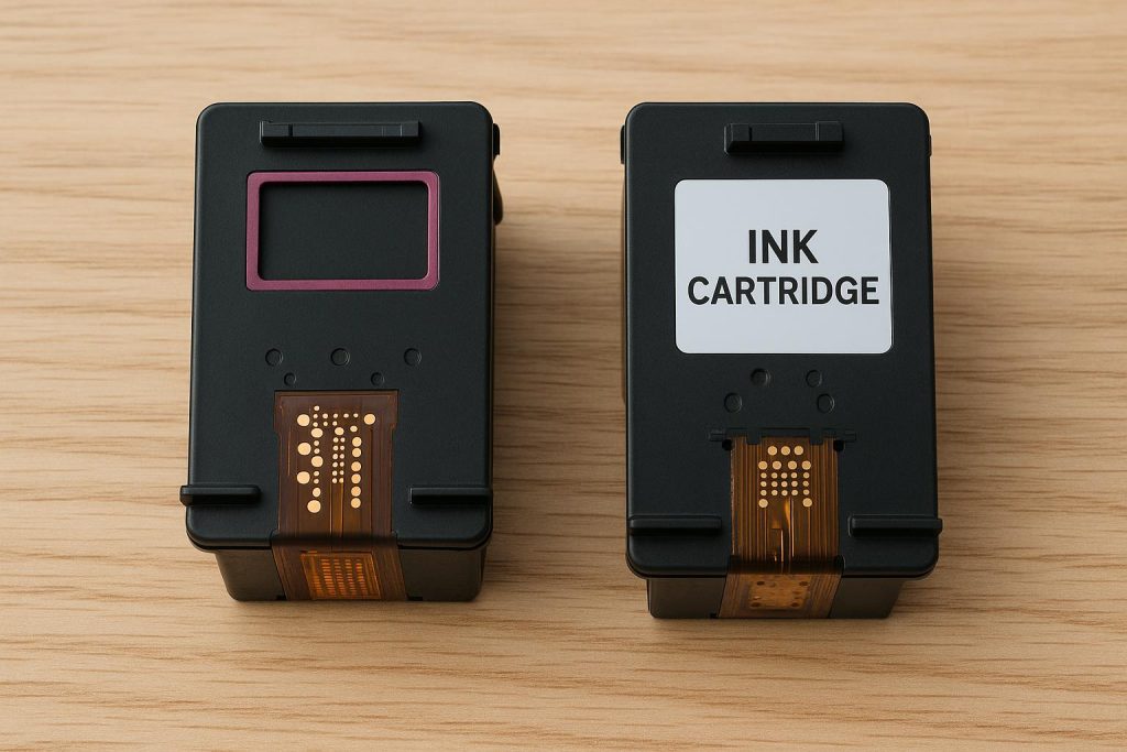 Side-by-side comparison of remanufactured and OEM ink cartridges for printers