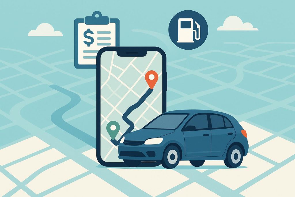 Mobile app dashboard displaying trip routes, mileage stats, and tax record organization tools