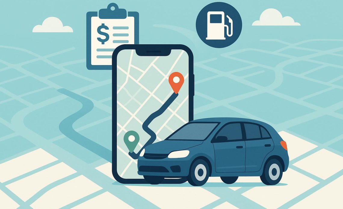 Mobile app dashboard displaying trip routes, mileage stats, and tax record organization tools