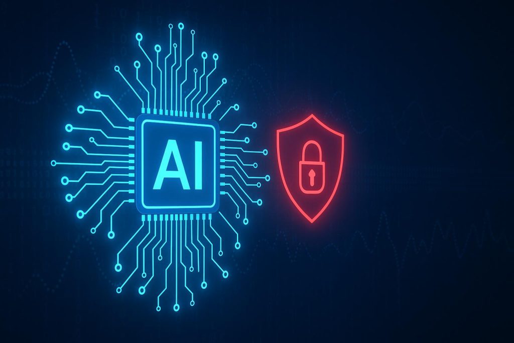 AI analyzing cybersecurity data with anomaly detection graphs and digital security icons