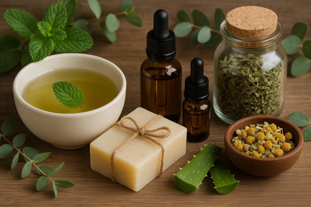 Herbal supplements, essential oils, and fresh produce symbolize natural wellness lifestyle choices