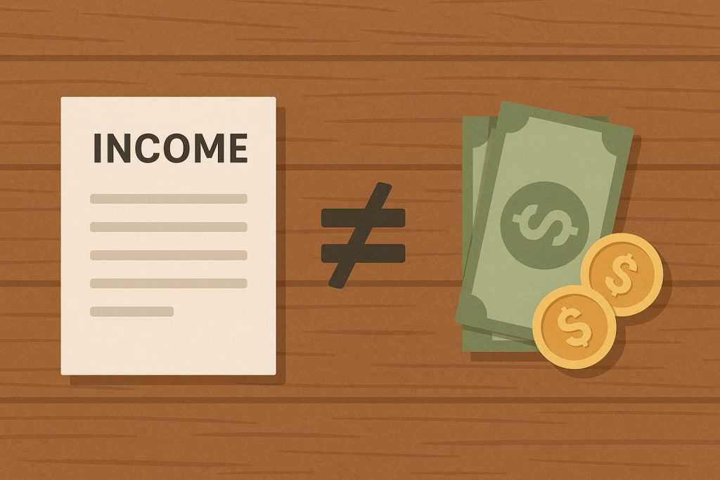 Stack of cash bills next to a financial report highlighting the difference between income and cash