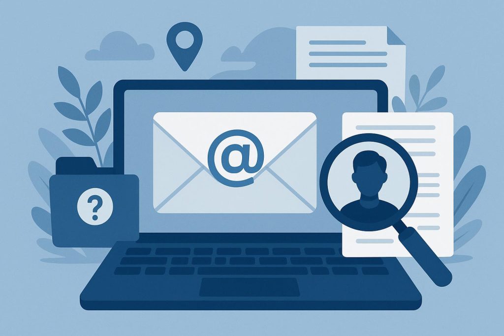 Magnifying glass over an email envelope symbolizing email ownership search and investigation methods