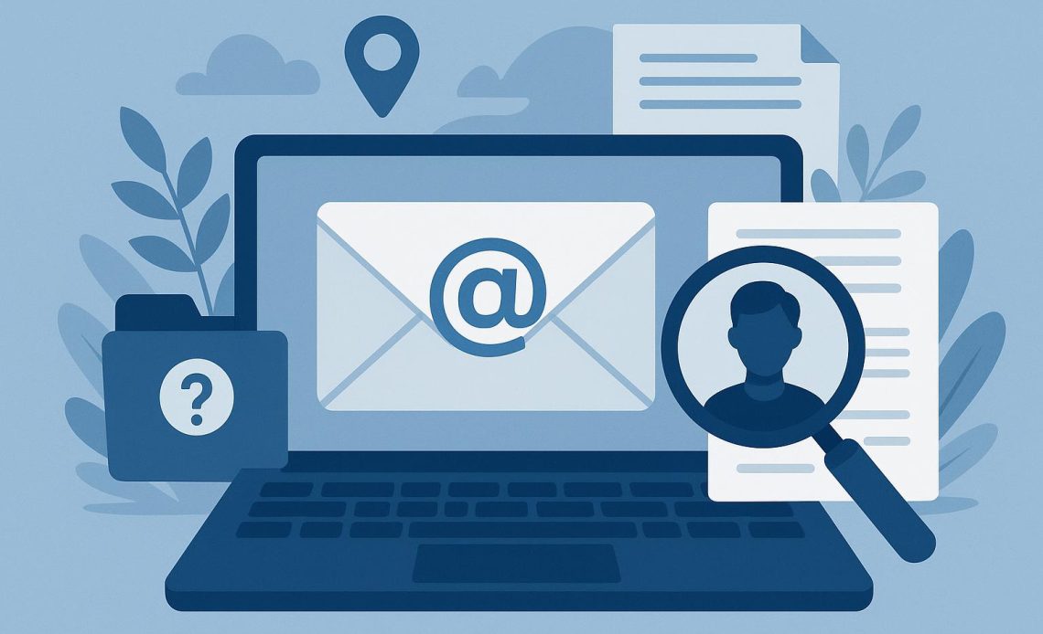 Magnifying glass over an email envelope symbolizing email ownership search and investigation methods