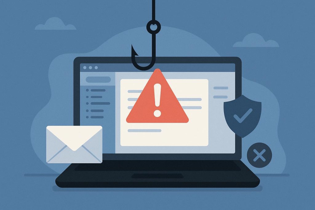 Email inbox with suspicious phishing message warning and security shield icon